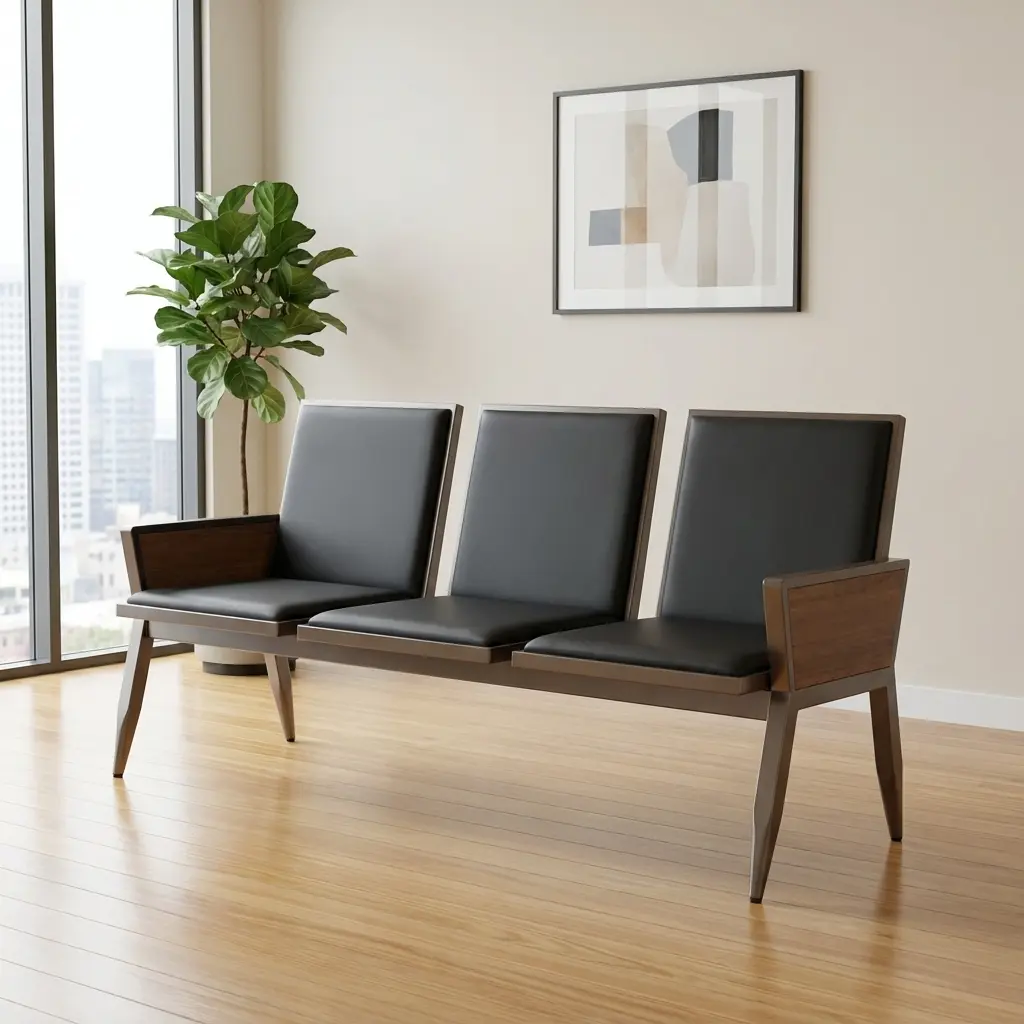 Premium 3-seater reception waiting room bench featuring black leather padded seats and backrests, elegant wood-paneled armrests, and a sturdy matching wooden frame.