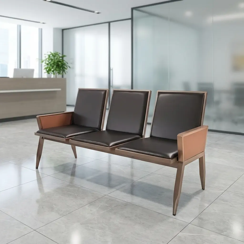 Premium 3-seater reception waiting room bench featuring black leather padded seats and backrests, elegant wood-paneled armrests, and a sturdy matching wooden frame.