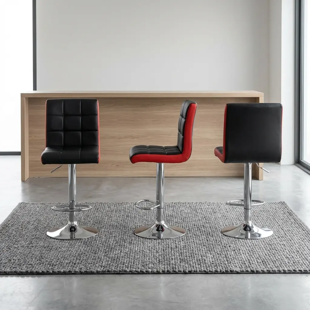 Modern adjustable swivel barstool in black and red faux leather with a tufted square-patterned seat, gas lift pedestal, chrome footrest, and round base at a kitchen counter.