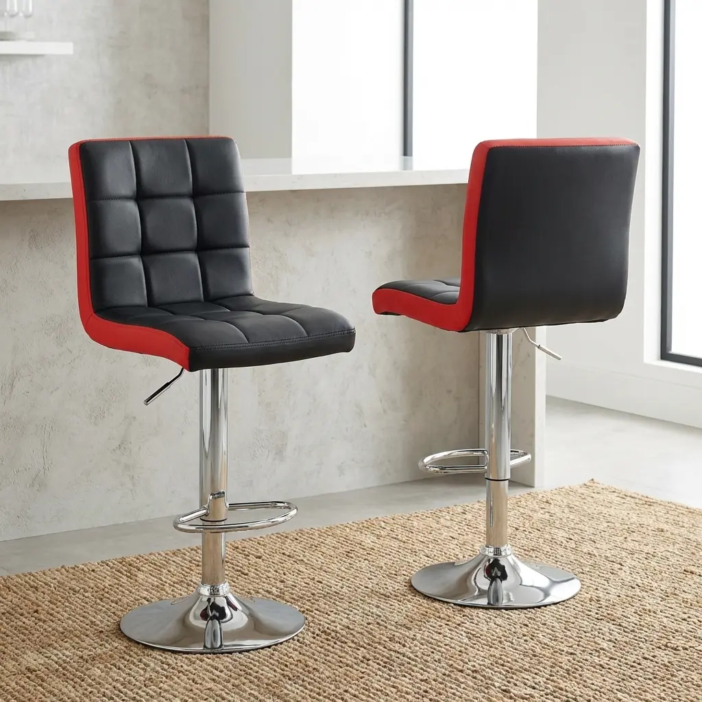 Modern adjustable swivel barstool in black and red faux leather with a tufted square-patterned seat, gas lift pedestal, chrome footrest, and round base at a kitchen counter.