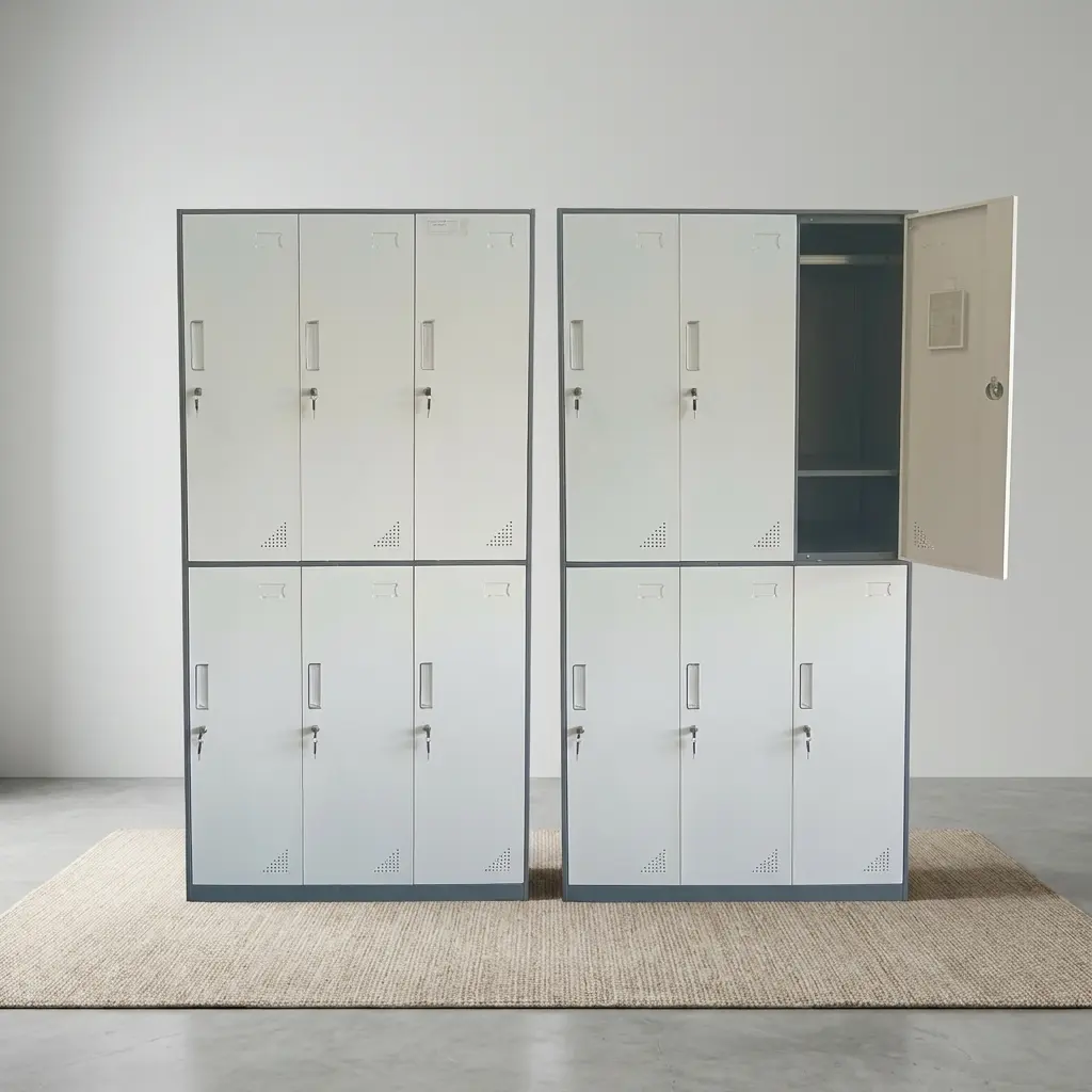 6-door grey steel staff locker cabinet with key locks, louvers for ventilation, and an open top compartment showing interior hanging rail and shelf storage.