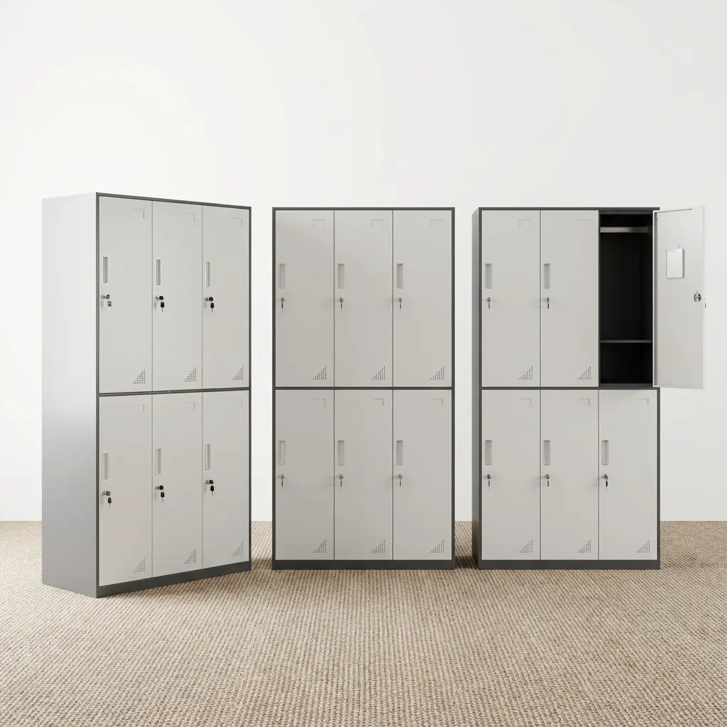6-door grey steel staff locker cabinet with key locks, louvers for ventilation, and an open top compartment showing interior hanging rail and shelf storage.