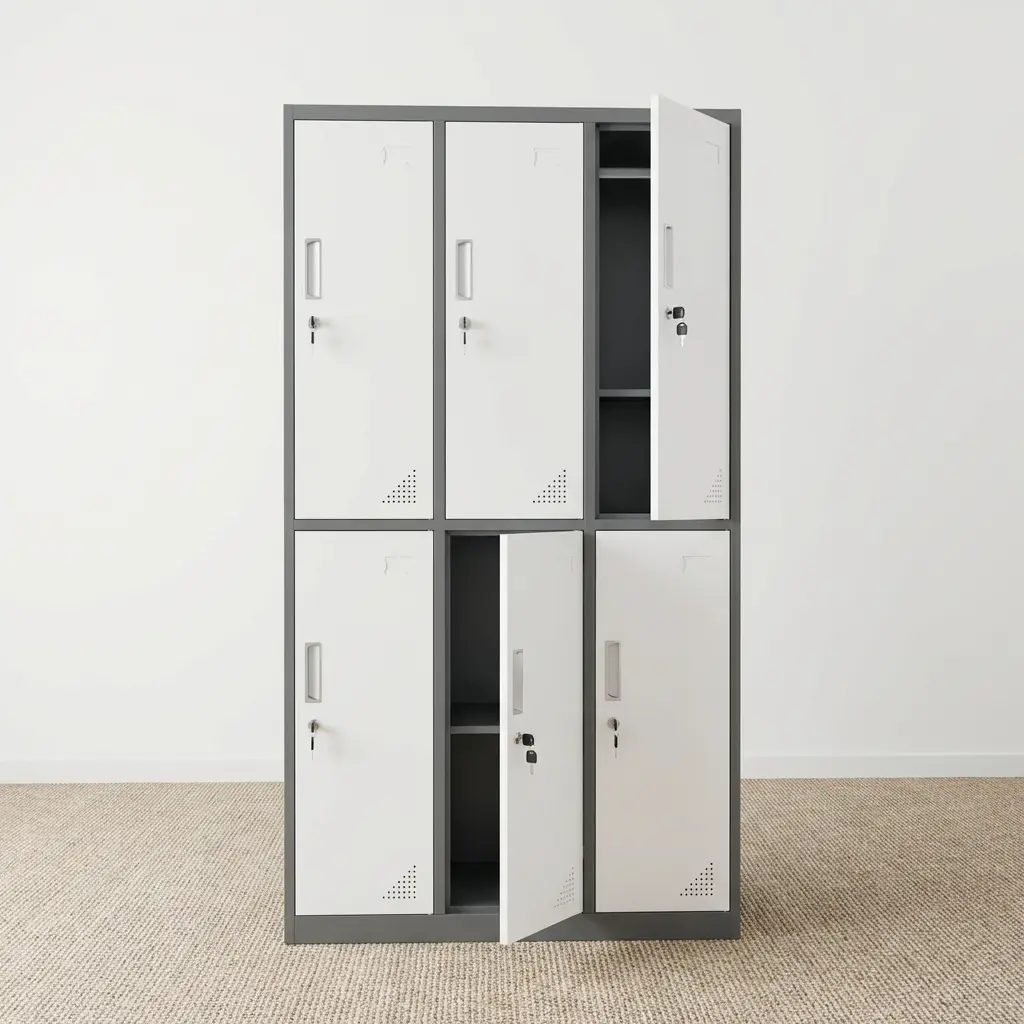 6-door grey steel staff locker cabinet with key locks, louvers for ventilation, and an open top compartment showing interior hanging rail and shelf storage.