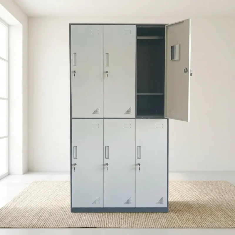 6-door grey steel staff locker cabinet with key locks, louvers for ventilation, and an open top compartment showing interior hanging rail and shelf storage.