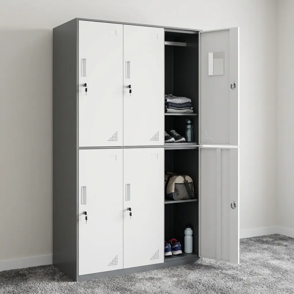 6-door grey steel staff locker cabinet with key locks, louvers for ventilation, and an open top compartment showing interior hanging rail and shelf storage.