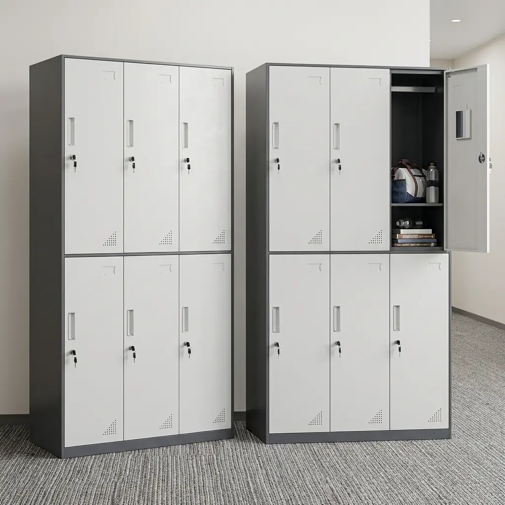 6-door grey steel staff locker cabinet with key locks, louvers for ventilation, and an open top compartment showing interior hanging rail and shelf storage.