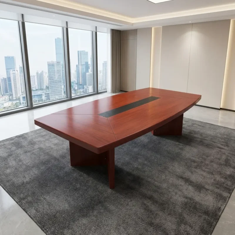 Modern 2.0m conference meeting table featuring a rich brown wood grain tabletop, dual integrated black cable management flip-tops, and sturdy black metal legs.