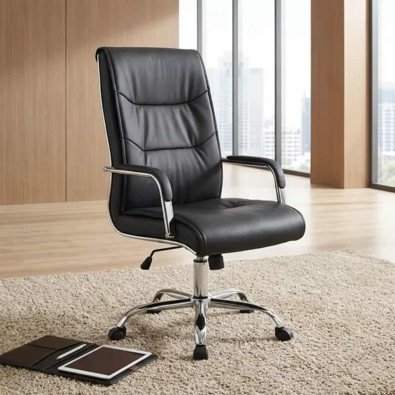 High-back executive chair in black leather with padded armrests, chrome metal base, and ergonomic swiveling seat, positioned on a beige rug in a modern office.