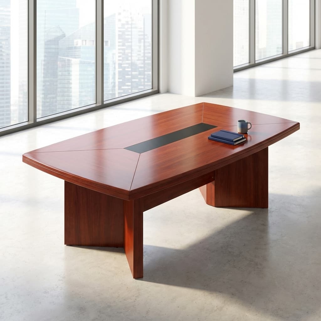 2.4m modern mahogany conference table with rectangular wood top, black cable management inlay, and slab base.