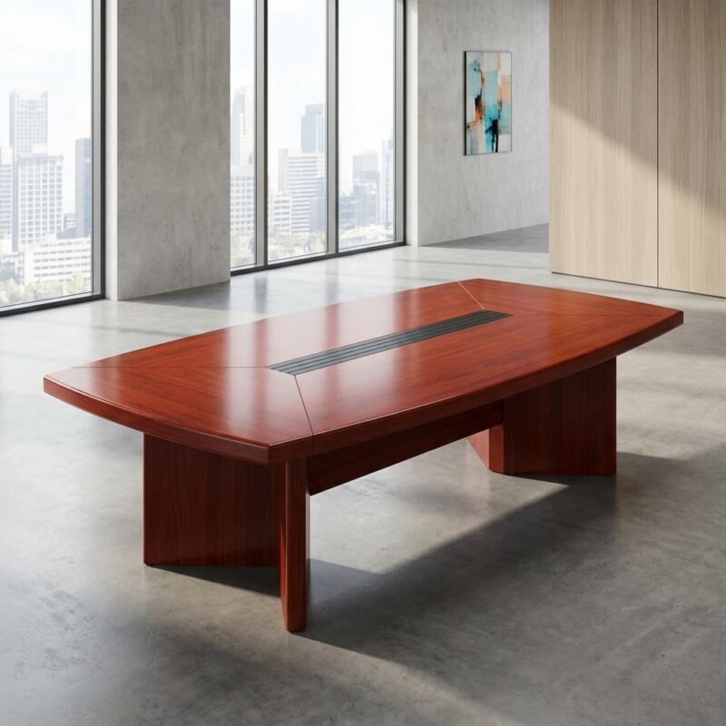 2.4m modern mahogany conference table with rectangular wood top, black cable management inlay, and slab base.