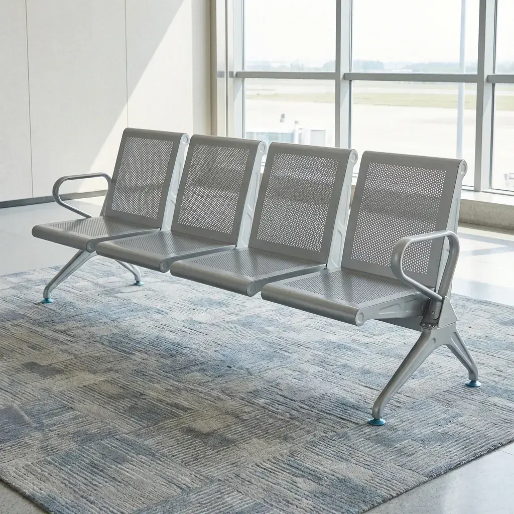 Heavy-duty 4-seater silver steel waiting room bench with perforated metal backrests, integrated armrests, and chrome legs on a textured rug in a public reception area.