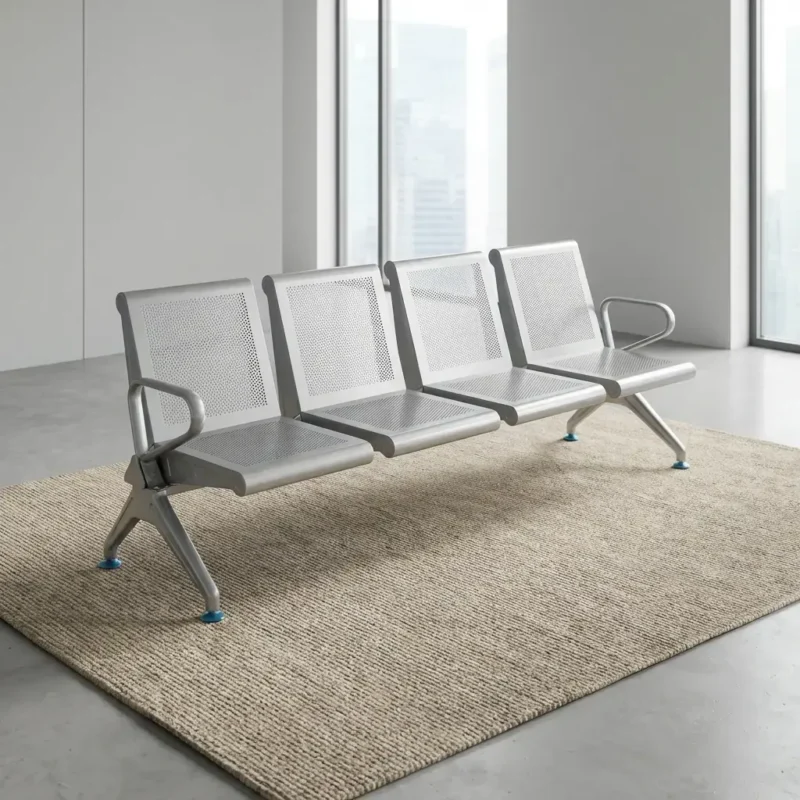 Heavy-duty 4-seater silver steel waiting room bench with perforated metal backrests, integrated armrests, and chrome legs on a textured rug in a public reception area.