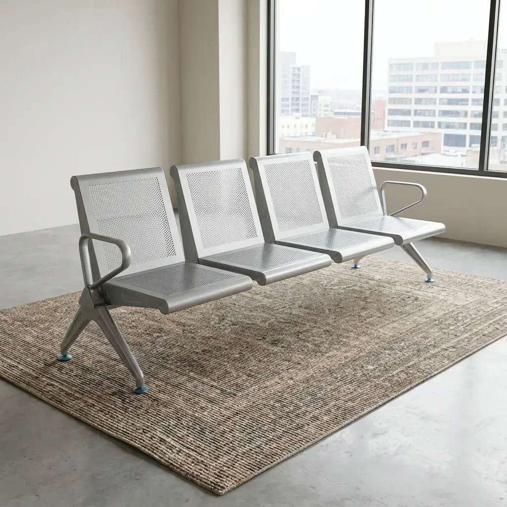 Heavy-duty 4-seater silver steel waiting room bench with perforated metal backrests, integrated armrests, and chrome legs on a textured rug in a public reception area.