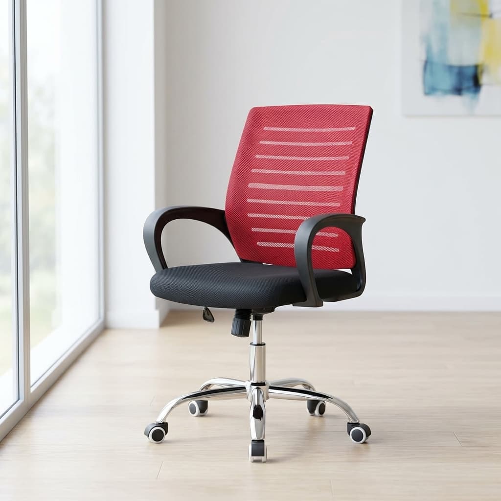 Red mesh ergonomic office chair with black padded seat, chrome swivel base, and curved armrests.