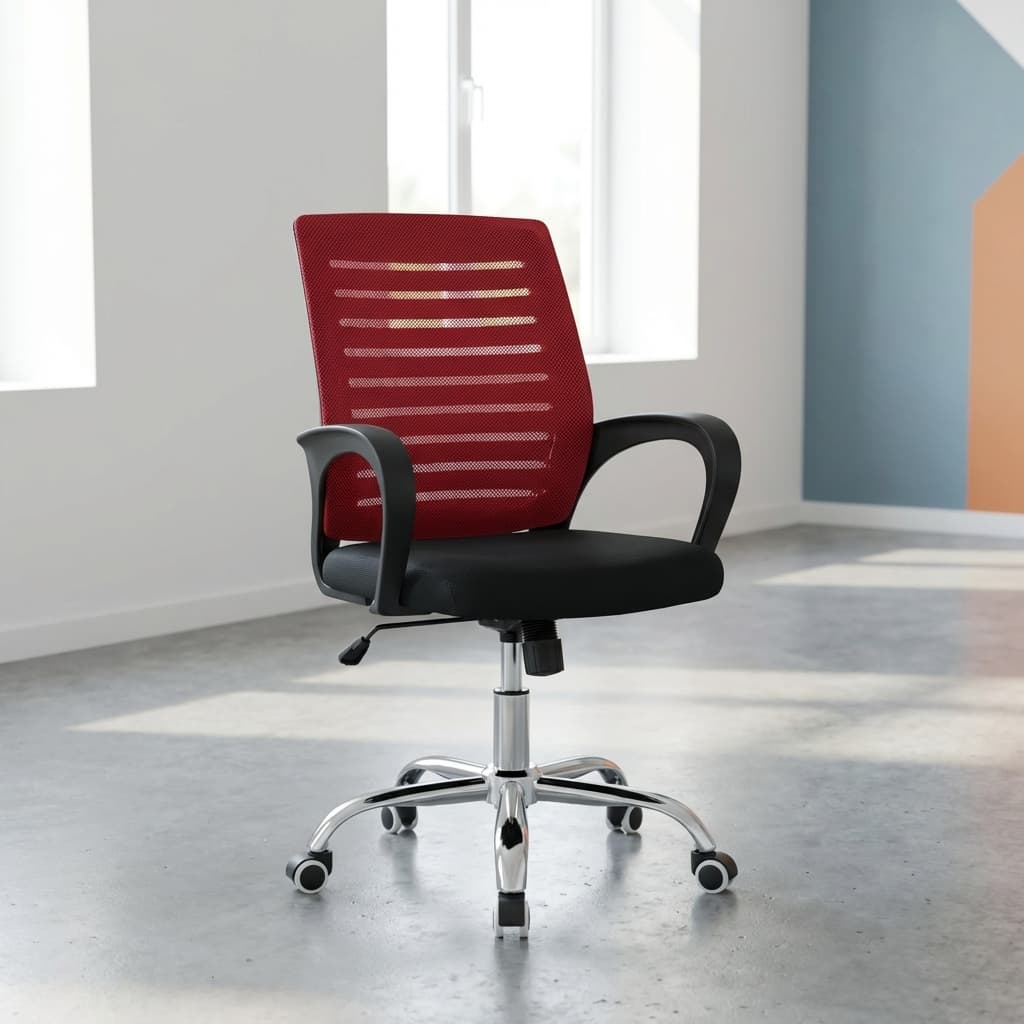 Red mesh ergonomic office chair with black padded seat, chrome swivel base, and curved armrests.