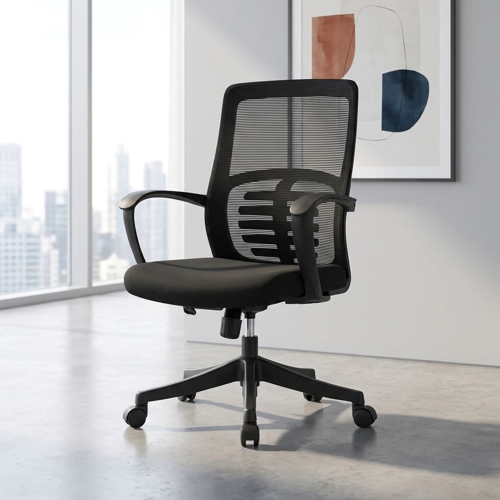 Height adjustable office chair with black mesh backrest, integrated lumbar support pattern, contoured fabric seat, fixed armrests, and a five-star nylon swivel base on wheels.