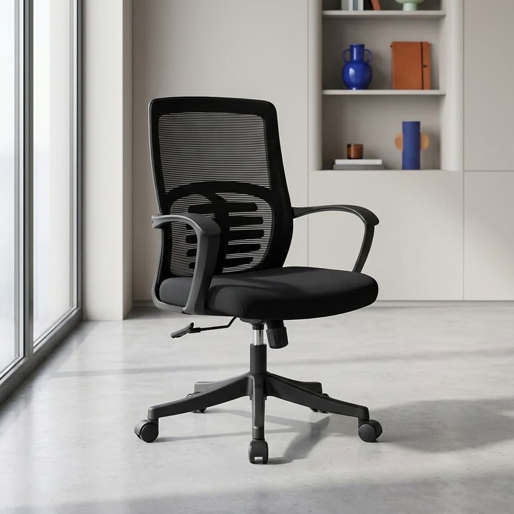Height adjustable office chair with black mesh backrest, integrated lumbar support pattern, contoured fabric seat, fixed armrests, and a five-star nylon swivel base on wheels.