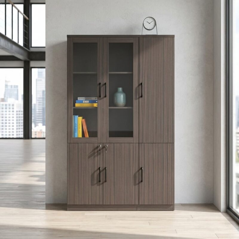 Walnut wood office bookshelf with glass display doors, locking storage cabinets, and adjustable shelves.