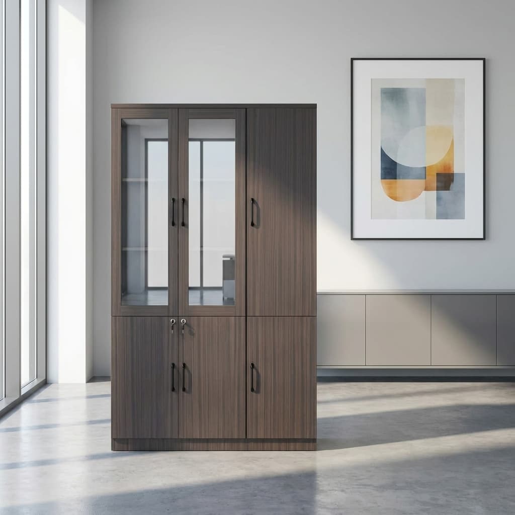 Walnut wood office bookshelf with glass display doors, locking storage cabinets, and adjustable shelves.
