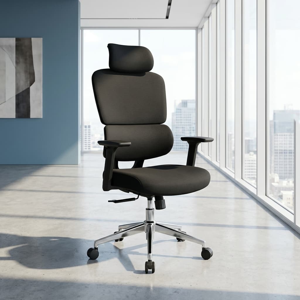 Black fabric orthopedic office seat featuring an adjustable curved neck headrest, a split-panel high-back backrest with a prominent integrated lumbar support cushion, T-shaped adjustable armrests, a contoured fabric seat pad, and a polished chrome five-star swivel base on rolling casters.