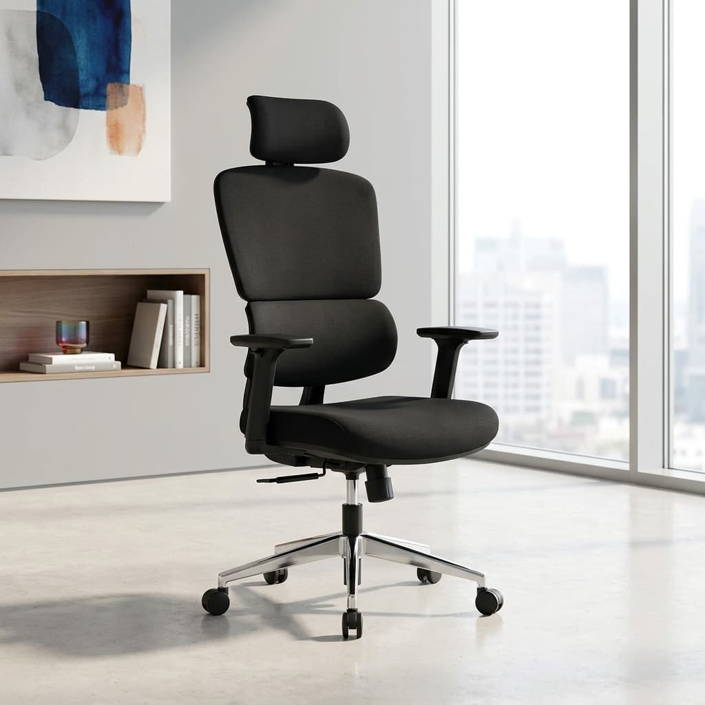 Black fabric orthopedic office seat featuring an adjustable curved neck headrest, a split-panel high-back backrest with a prominent integrated lumbar support cushion, T-shaped adjustable armrests, a contoured fabric seat pad, and a polished chrome five-star swivel base on rolling casters.