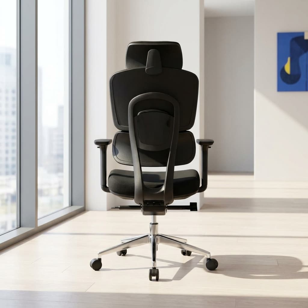 Black fabric orthopedic office seat featuring an adjustable curved neck headrest, a split-panel high-back backrest with a prominent integrated lumbar support cushion, T-shaped adjustable armrests, a contoured fabric seat pad, and a polished chrome five-star swivel base on rolling casters.