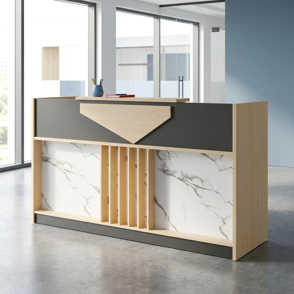 2.0m reception office desk featuring a light wood frame, a dark grey upper privacy screen accented by a raised light wood triangular inlay, and front facing faux white marble panels split by vertical wooden slats.