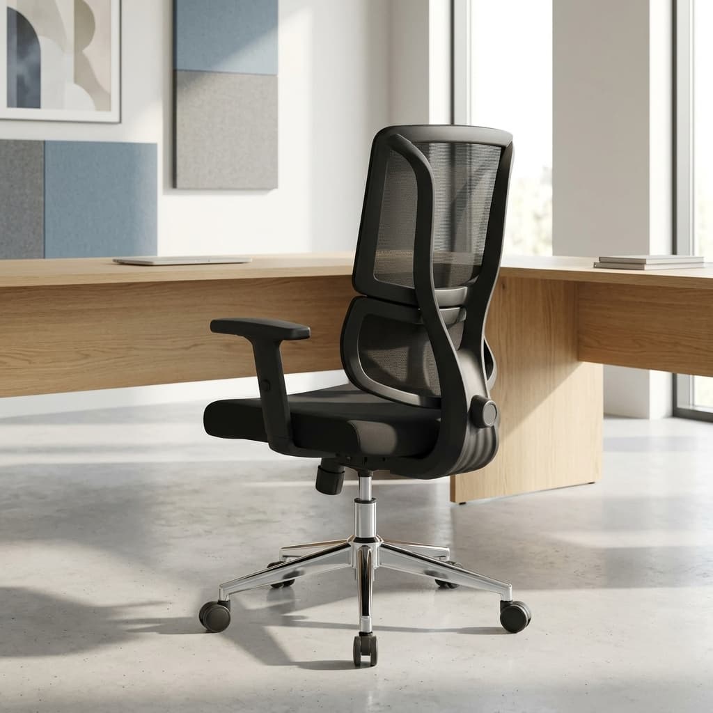 Mid-back orthopedic office chair featuring a contoured black mesh backrest with an integrated Y-shaped lumbar support frame, adjustable T-shaped armrests, a padded black fabric seat cushion, and a polished chrome star swivel base on wheels.