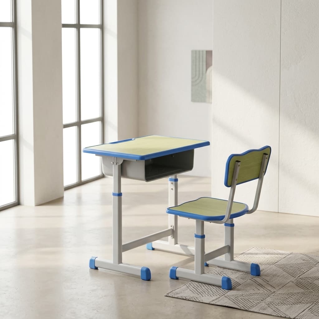 Height adjustable kids study desk and chair set with ergonomic design and blue trim for home or classroom.