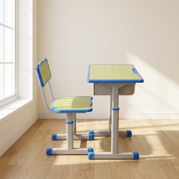 Height adjustable kids study desk and chair set with ergonomic design and blue trim for home or classroom.