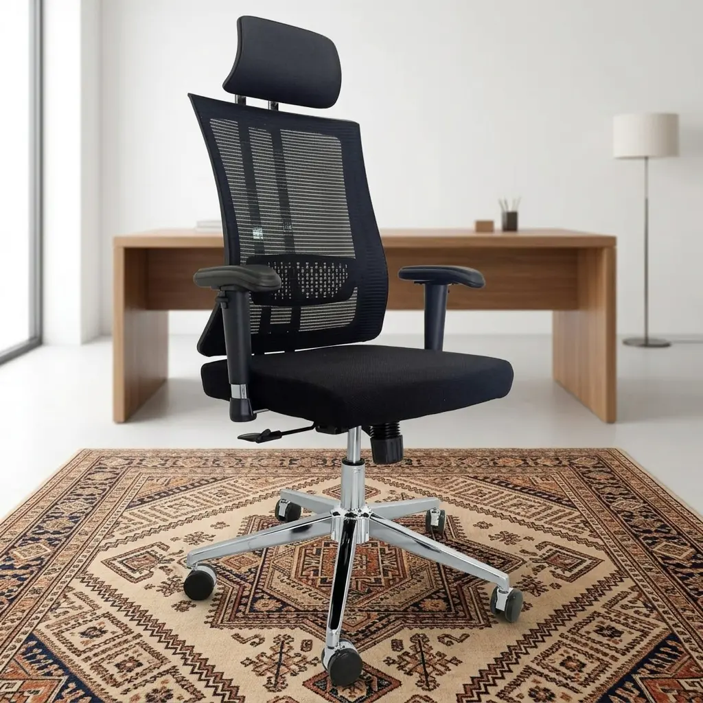 High-back orthopedic ergonomic office chair with breathable mesh backrest, adjustable headrest, and chrome swivel base.