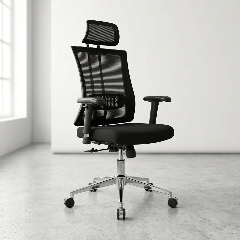 High-back orthopedic ergonomic office chair with breathable mesh backrest, adjustable headrest, and chrome swivel base.