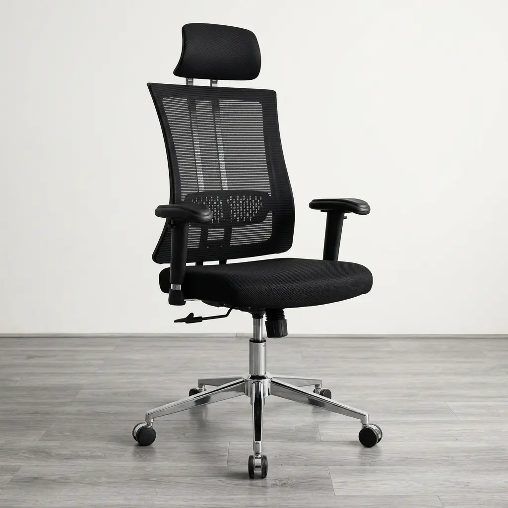 High-back orthopedic ergonomic office chair with breathable mesh backrest, adjustable headrest, and chrome swivel base.