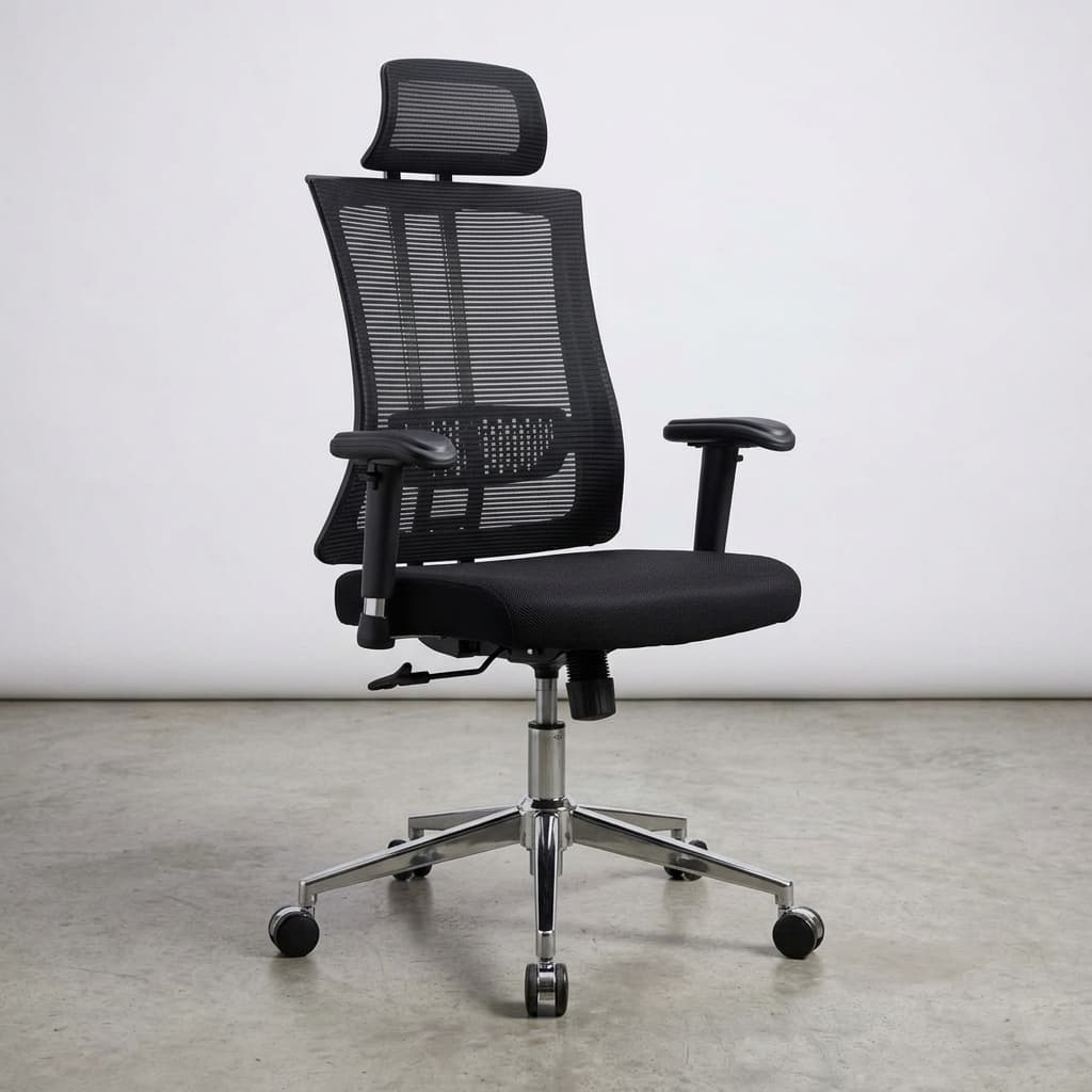 High-back orthopedic ergonomic office chair with breathable mesh backrest, adjustable headrest, and chrome swivel base.