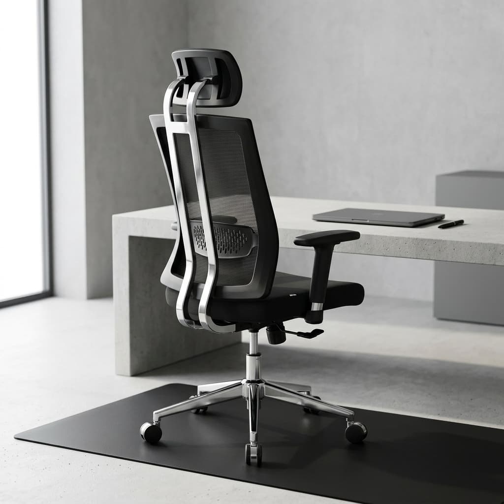 High-back orthopedic ergonomic office chair with breathable mesh backrest, adjustable headrest, and chrome swivel base.