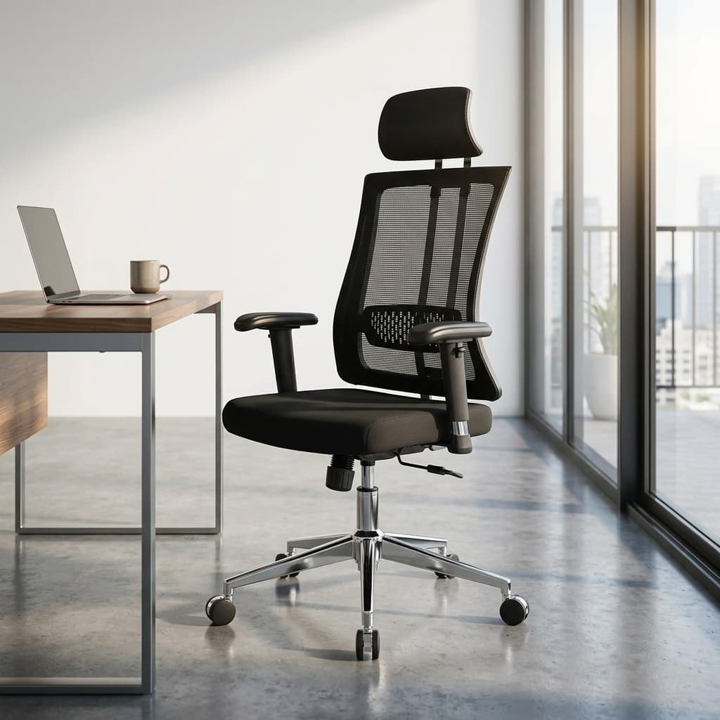 High-back orthopedic ergonomic office chair with breathable mesh backrest, adjustable headrest, and chrome swivel base.