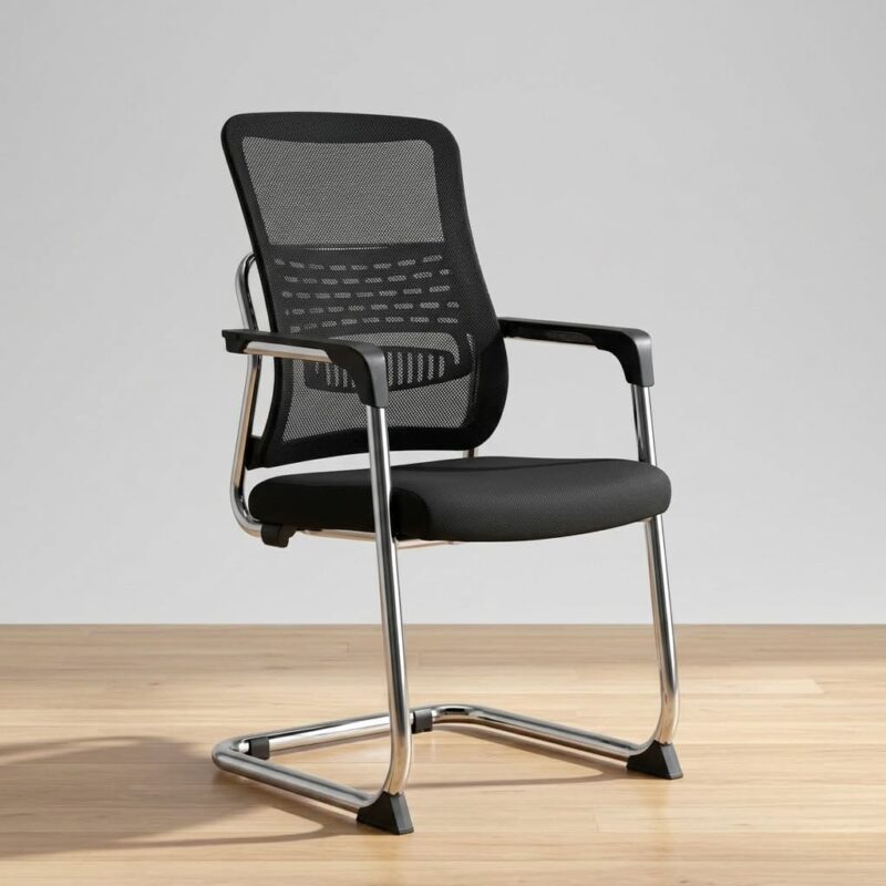 Modern waiting room chair with breathable black mesh backrest, cantilever chrome frame, and ergonomic armrests for professional reception areas.