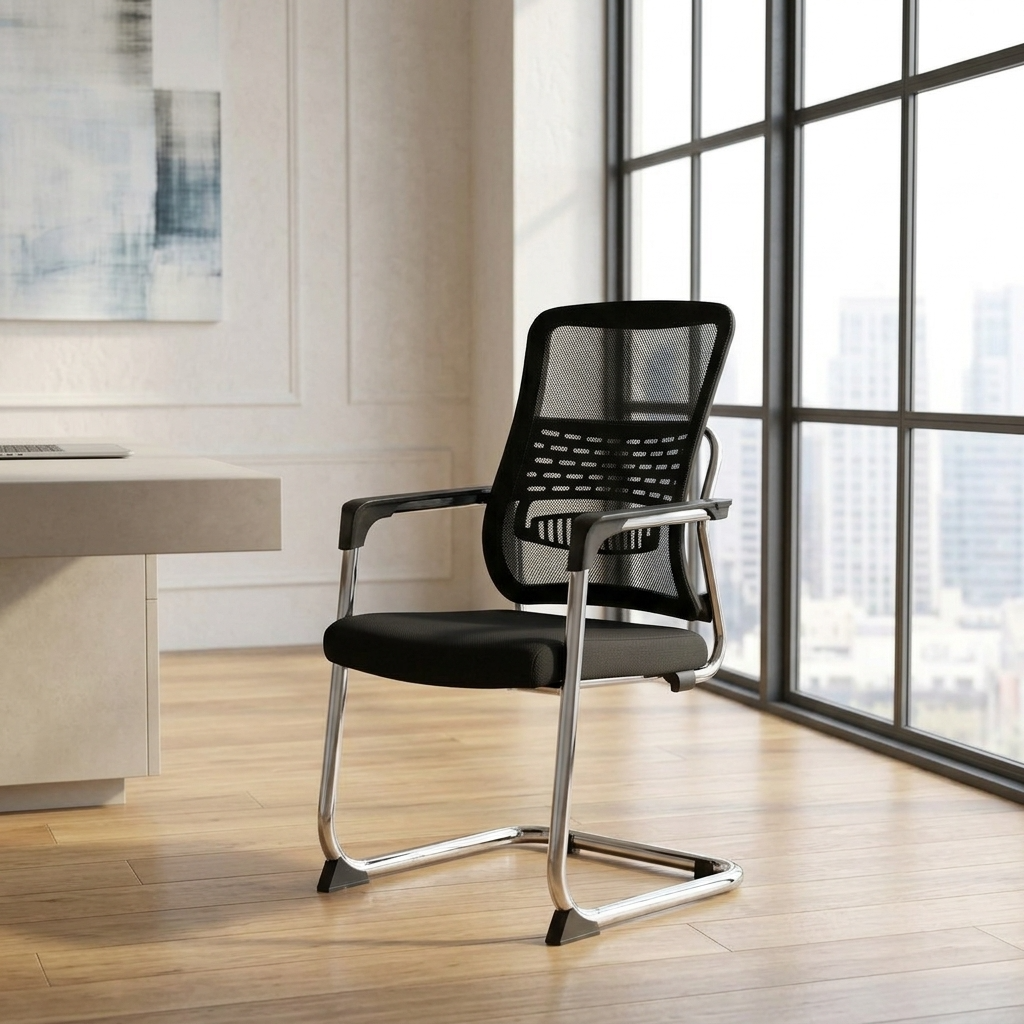 Modern waiting room chair with breathable black mesh backrest, cantilever chrome frame, and ergonomic armrests for professional reception areas.