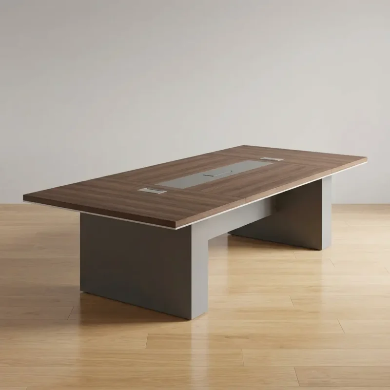 3.0m modern conference table for 10-12 people with walnut wood finish and integrated power outlets for executive boardrooms.