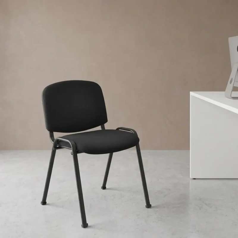 Black fabric stackable tosca chair with matte black metal frame and ergonomic padded seat for conference rooms.