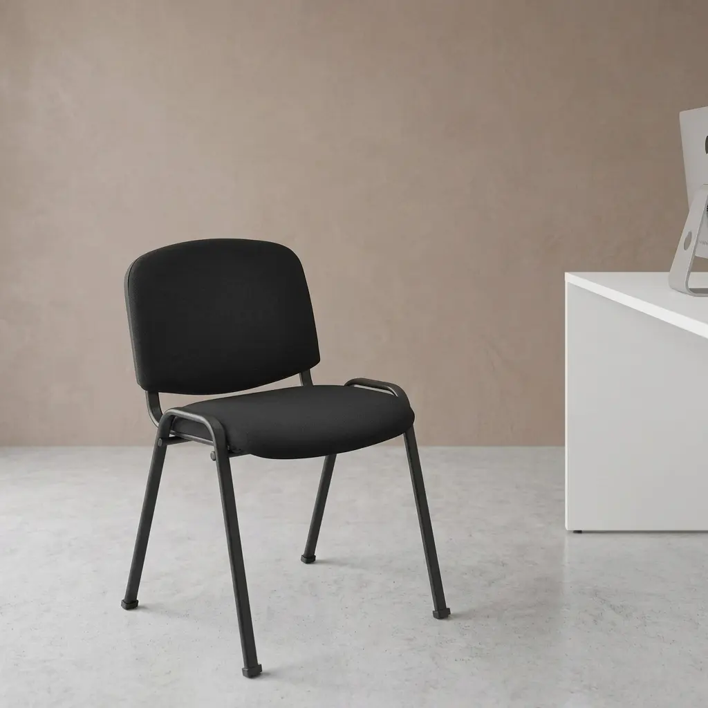 Black fabric stackable tosca chair with matte black metal frame and ergonomic padded seat for conference rooms.