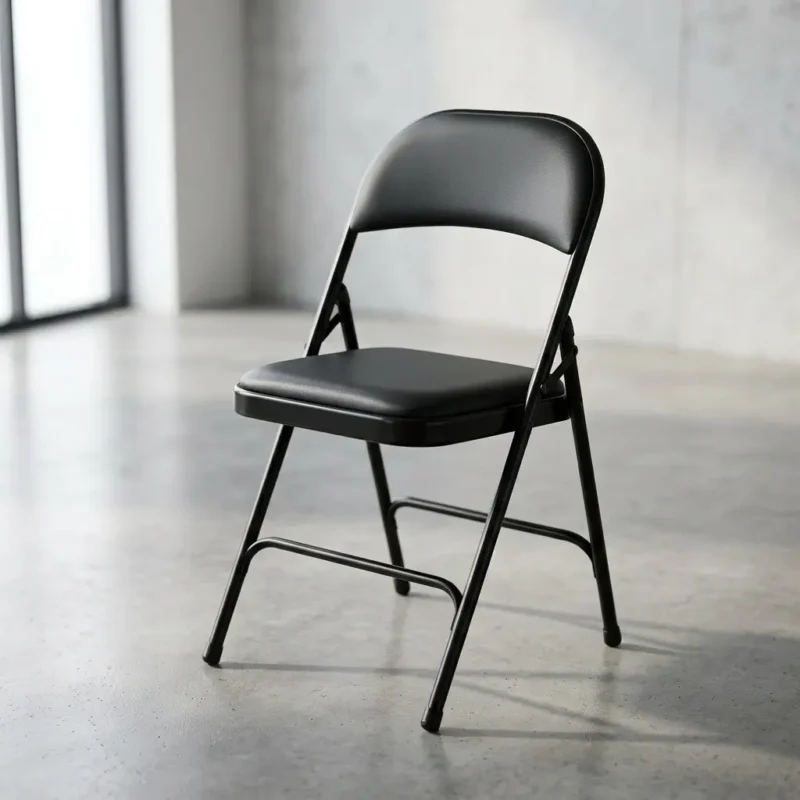 Black leatherette foldable chair with padded seat, matte black metal frame, and protective floor glides for event seating.