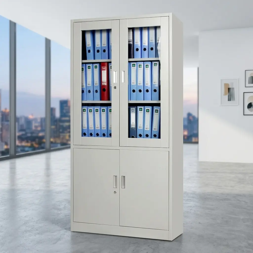 2-door steel filing cabinet with glass display upper, solid metal lower doors, and secure locking system for office archives.