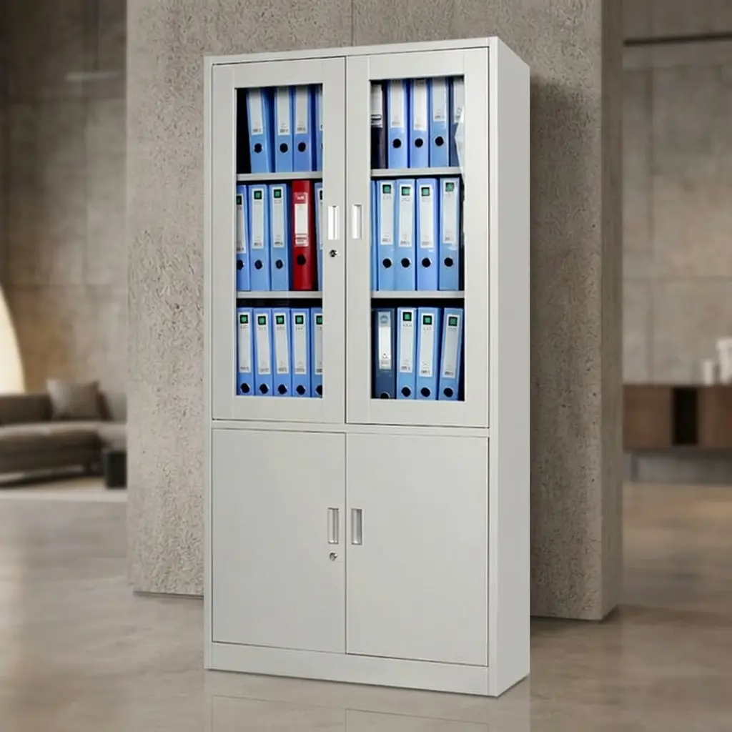 2-door steel filing cabinet with glass display upper, solid metal lower doors, and secure locking system for office archives.