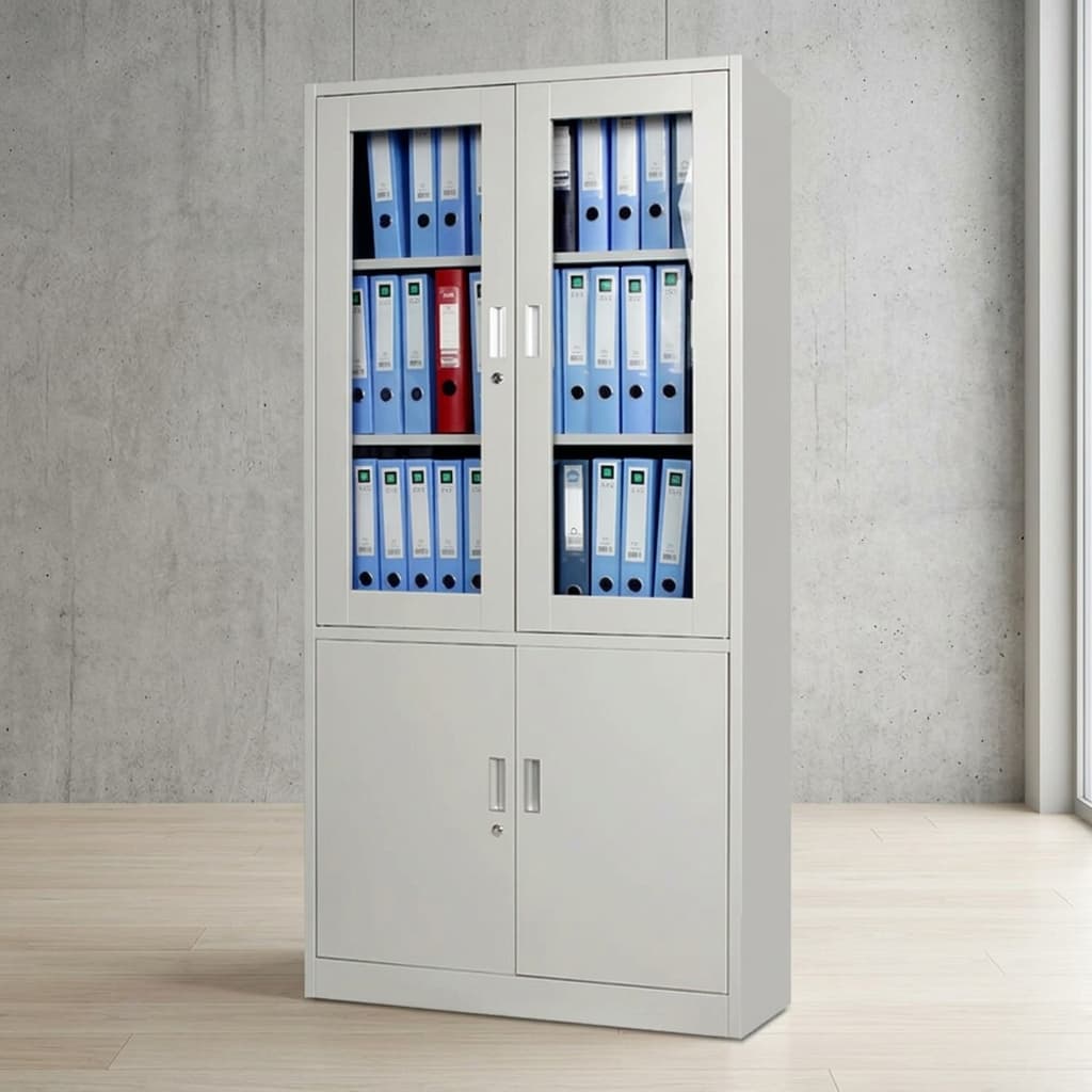 2-door steel filing cabinet with glass display upper, solid metal lower doors, and secure locking system for office archives.