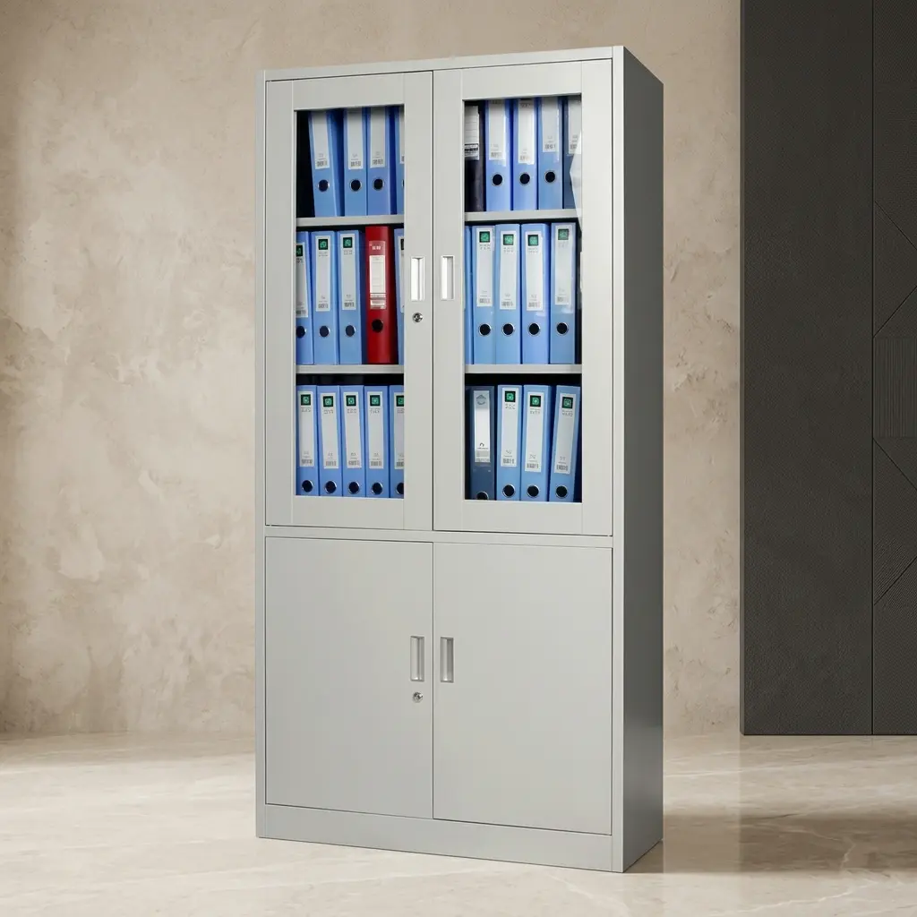 2-door steel filing cabinet with glass display upper, solid metal lower doors, and secure locking system for office archives.