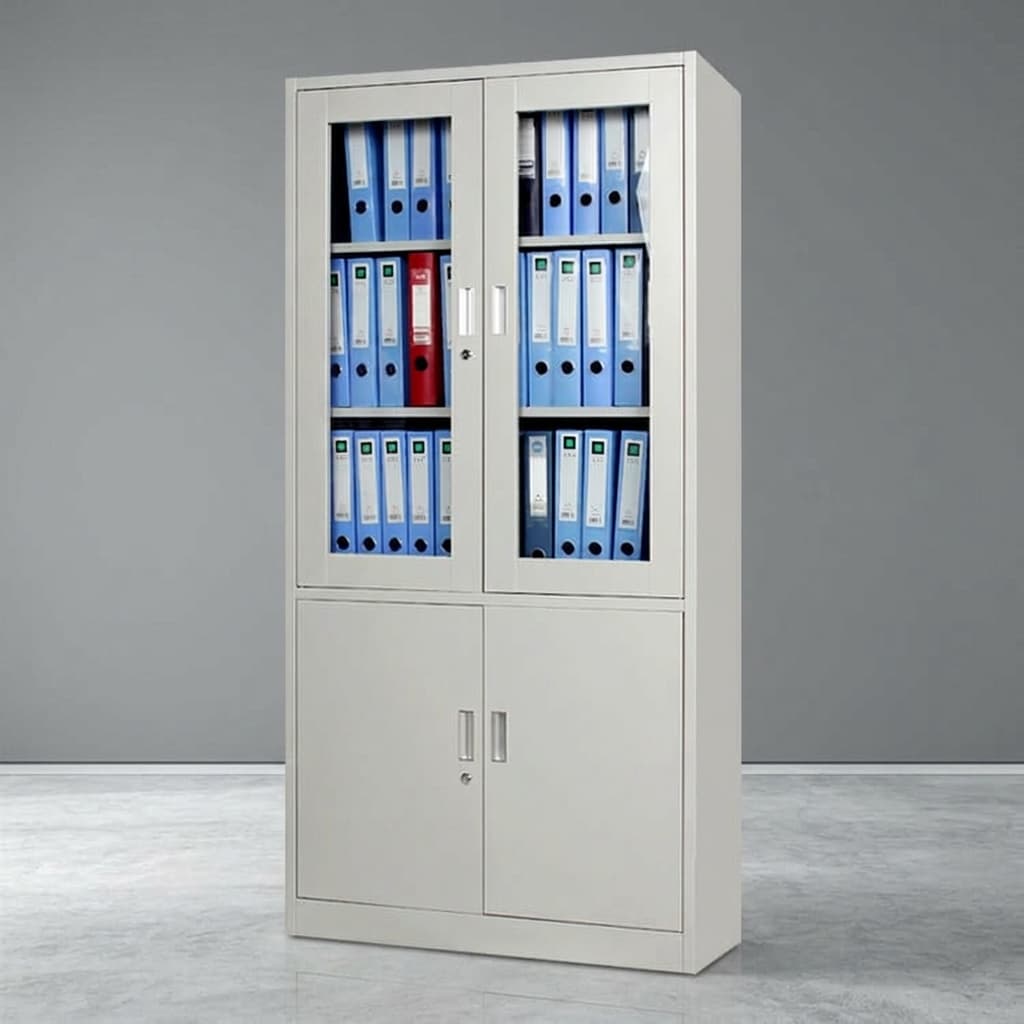 2-door steel filing cabinet with glass display upper, solid metal lower doors, and secure locking system for office archives.