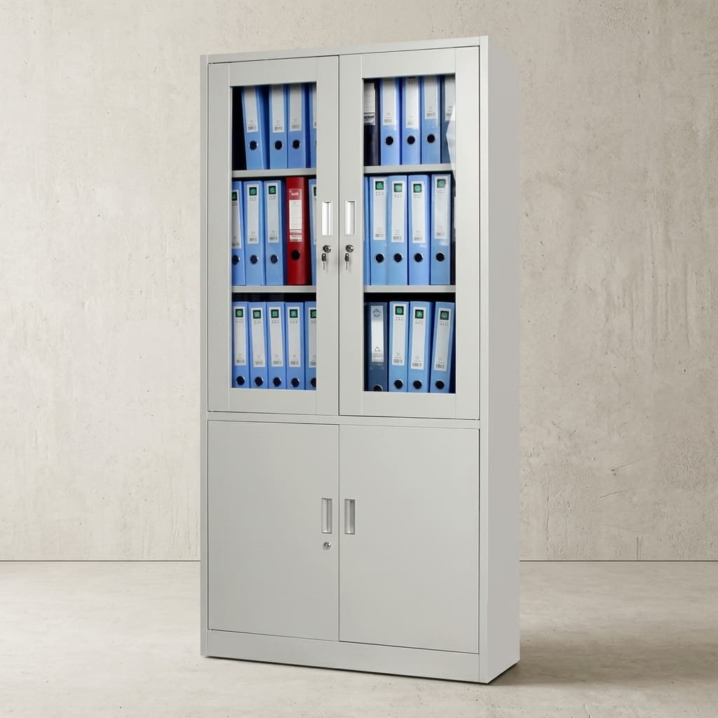 2-door steel filing cabinet with glass display upper, solid metal lower doors, and secure locking system for office archives.