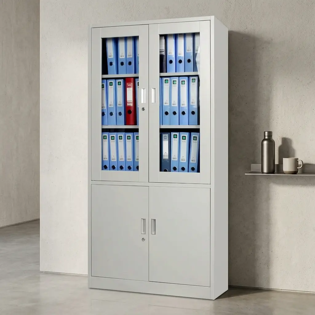 2-door steel filing cabinet with glass display upper, solid metal lower doors, and secure locking system for office archives.