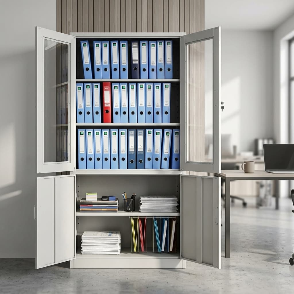 Lockable steel office filing cabinet with tempered glass display doors, solid metal lower storage, and multi-tier archive shelving.